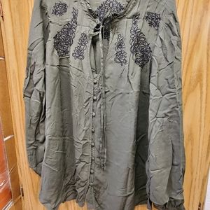 Army green blouse with embroidery on back and front